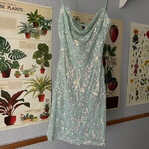 Windsor Sage Mini Cowl Neck Sparkly Dress